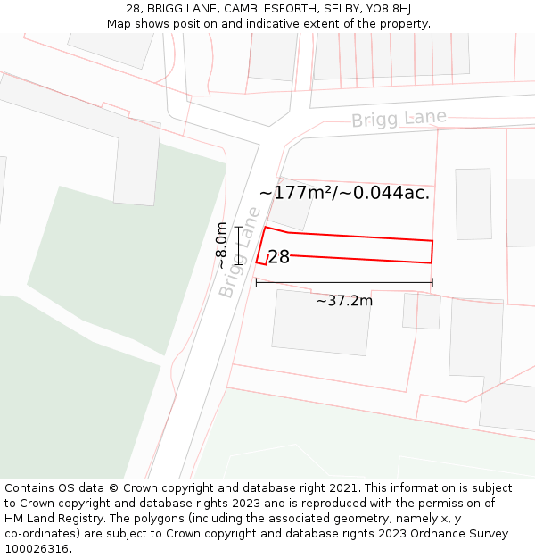 28, BRIGG LANE, CAMBLESFORTH, SELBY, YO8 8HJ: Plot and title map