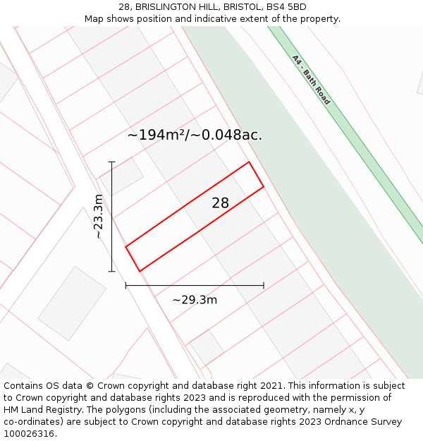 28, BRISLINGTON HILL, BRISTOL, BS4 5BD: Plot and title map