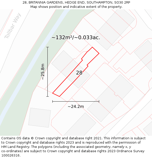 28, BRITANNIA GARDENS, HEDGE END, SOUTHAMPTON, SO30 2RP: Plot and title map