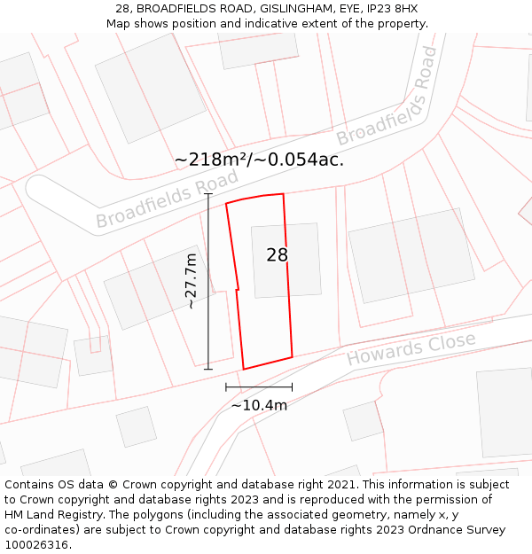 28, BROADFIELDS ROAD, GISLINGHAM, EYE, IP23 8HX: Plot and title map