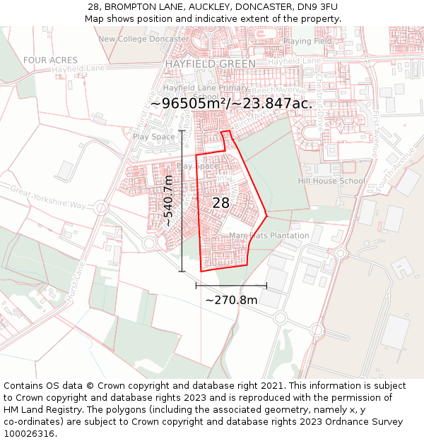 28, BROMPTON LANE, AUCKLEY, DONCASTER, DN9 3FU: Plot and title map