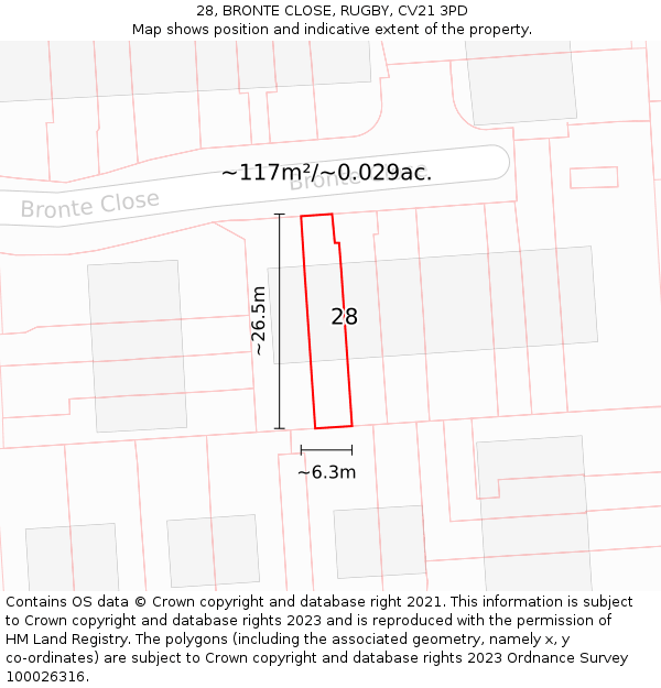 28, BRONTE CLOSE, RUGBY, CV21 3PD: Plot and title map