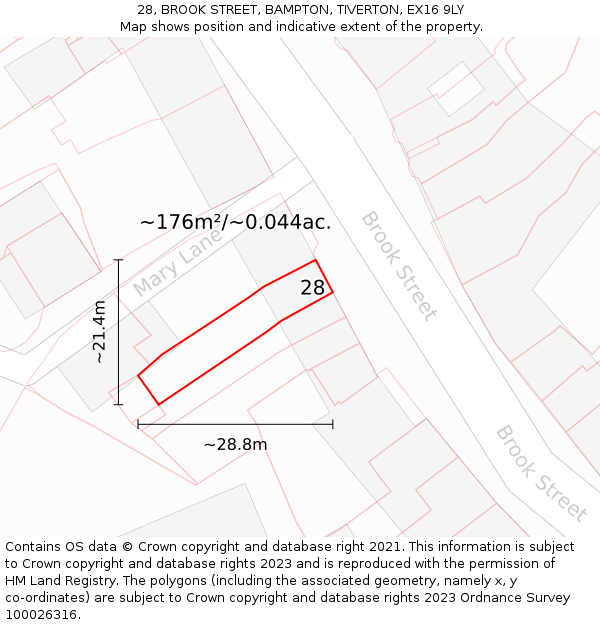 28, BROOK STREET, BAMPTON, TIVERTON, EX16 9LY: Plot and title map