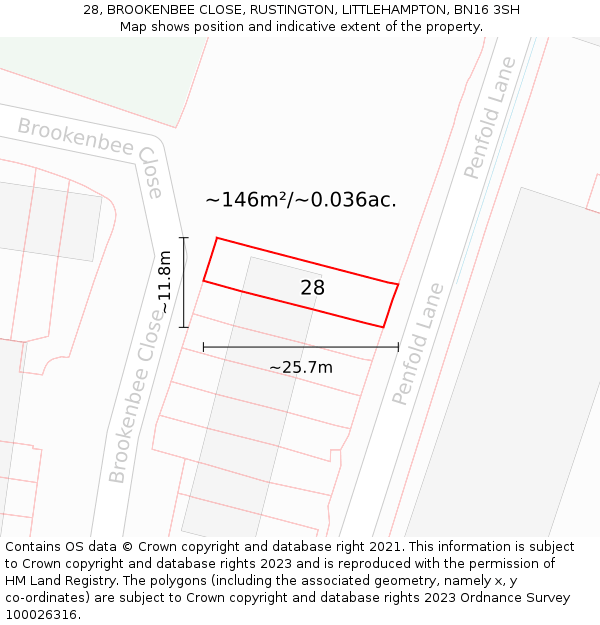 28, BROOKENBEE CLOSE, RUSTINGTON, LITTLEHAMPTON, BN16 3SH: Plot and title map