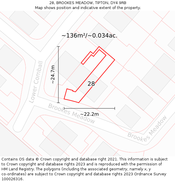 28, BROOKES MEADOW, TIPTON, DY4 9RB: Plot and title map