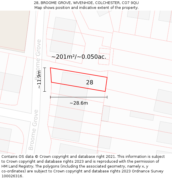 28, BROOME GROVE, WIVENHOE, COLCHESTER, CO7 9QU: Plot and title map