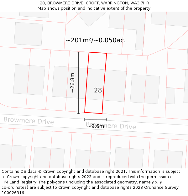 28, BROWMERE DRIVE, CROFT, WARRINGTON, WA3 7HR: Plot and title map