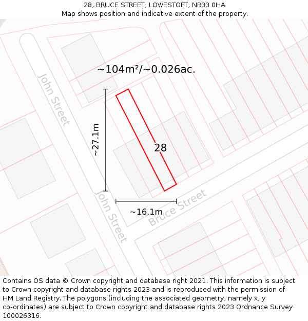 28, BRUCE STREET, LOWESTOFT, NR33 0HA: Plot and title map