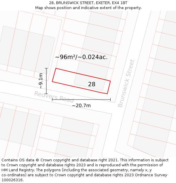 28, BRUNSWICK STREET, EXETER, EX4 1BT: Plot and title map