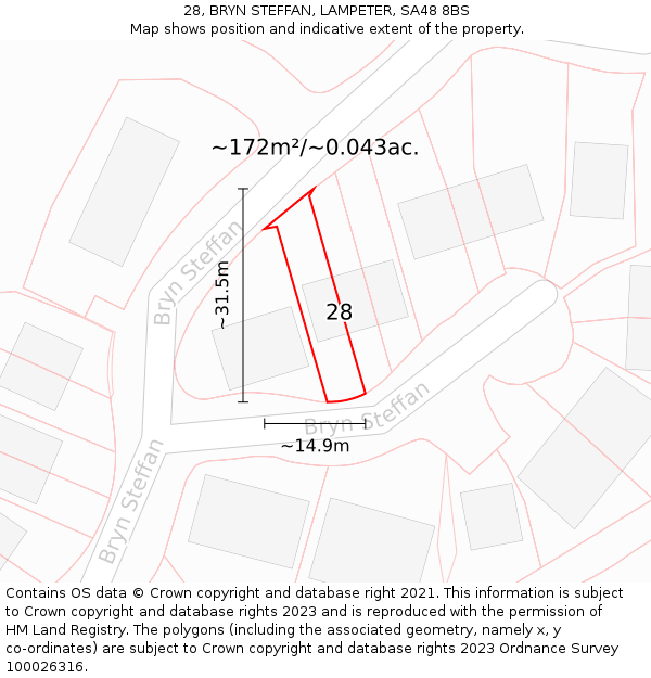 28, BRYN STEFFAN, LAMPETER, SA48 8BS: Plot and title map