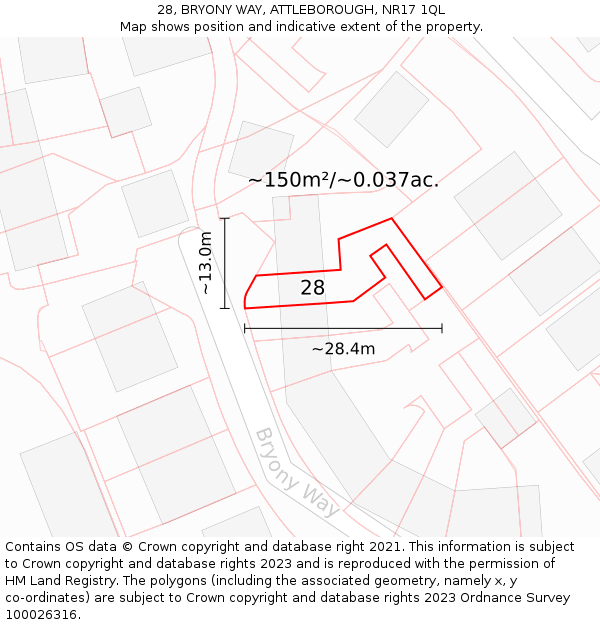 28, BRYONY WAY, ATTLEBOROUGH, NR17 1QL: Plot and title map