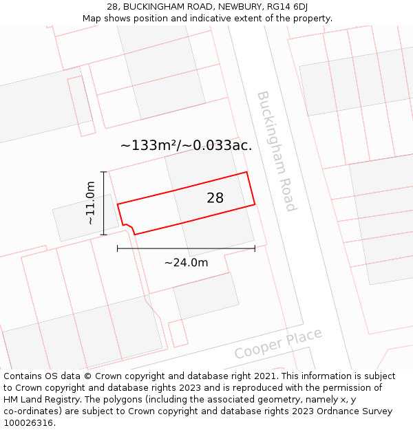 28, BUCKINGHAM ROAD, NEWBURY, RG14 6DJ: Plot and title map