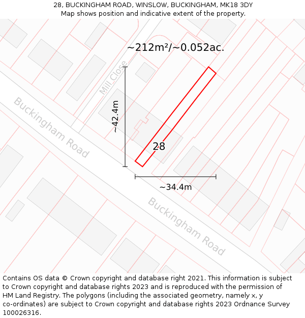 28, BUCKINGHAM ROAD, WINSLOW, BUCKINGHAM, MK18 3DY: Plot and title map