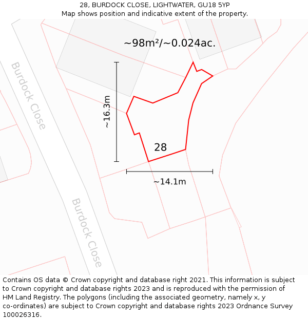 28, BURDOCK CLOSE, LIGHTWATER, GU18 5YP: Plot and title map