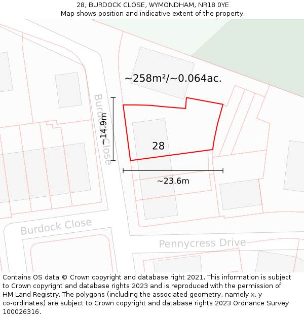 28, BURDOCK CLOSE, WYMONDHAM, NR18 0YE: Plot and title map