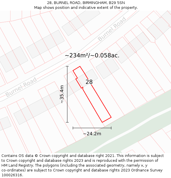 28, BURNEL ROAD, BIRMINGHAM, B29 5SN: Plot and title map