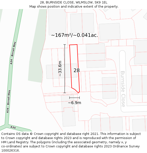 28, BURNSIDE CLOSE, WILMSLOW, SK9 1EL: Plot and title map