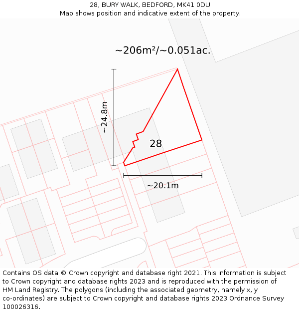 28, BURY WALK, BEDFORD, MK41 0DU: Plot and title map