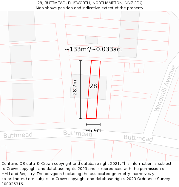 28, BUTTMEAD, BLISWORTH, NORTHAMPTON, NN7 3DQ: Plot and title map