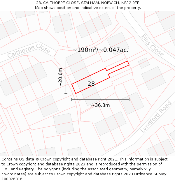 28, CALTHORPE CLOSE, STALHAM, NORWICH, NR12 9EE: Plot and title map