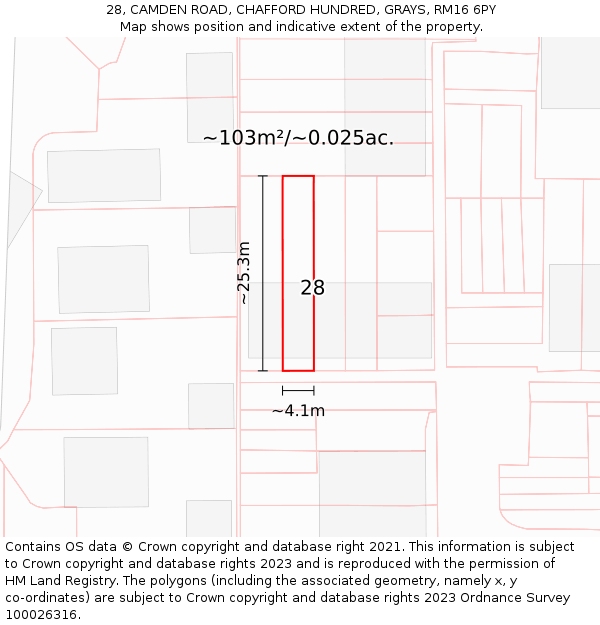 28, CAMDEN ROAD, CHAFFORD HUNDRED, GRAYS, RM16 6PY: Plot and title map