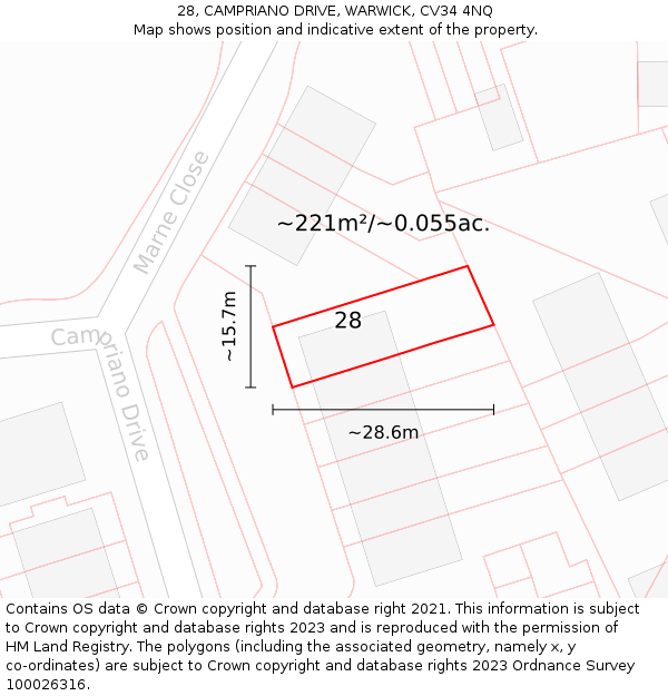 28, CAMPRIANO DRIVE, WARWICK, CV34 4NQ: Plot and title map
