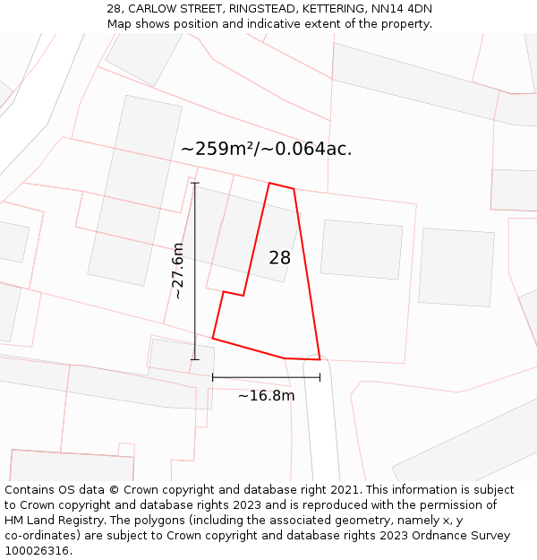 28, CARLOW STREET, RINGSTEAD, KETTERING, NN14 4DN: Plot and title map