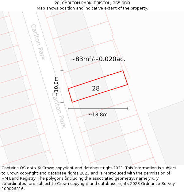 28, CARLTON PARK, BRISTOL, BS5 9DB: Plot and title map