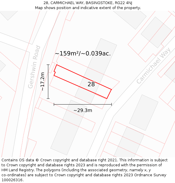 28, CARMICHAEL WAY, BASINGSTOKE, RG22 4NJ: Plot and title map