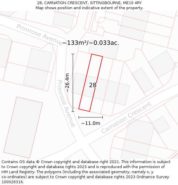 28, CARNATION CRESCENT, SITTINGBOURNE, ME10 4RY: Plot and title map