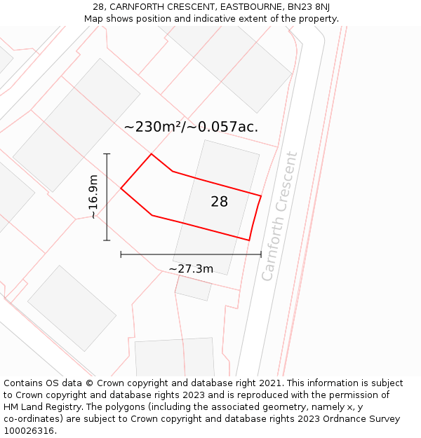 28, CARNFORTH CRESCENT, EASTBOURNE, BN23 8NJ: Plot and title map