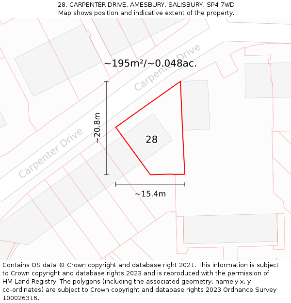 28, CARPENTER DRIVE, AMESBURY, SALISBURY, SP4 7WD: Plot and title map