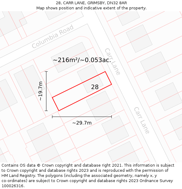 28, CARR LANE, GRIMSBY, DN32 8AR: Plot and title map