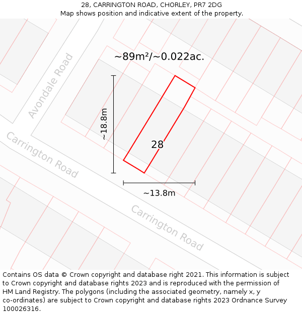 28, CARRINGTON ROAD, CHORLEY, PR7 2DG: Plot and title map