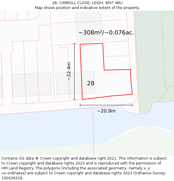 28, CARROLL CLOSE, LEIGH, WN7 4BU: Plot and title map