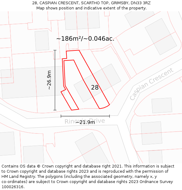 28, CASPIAN CRESCENT, SCARTHO TOP, GRIMSBY, DN33 3RZ: Plot and title map