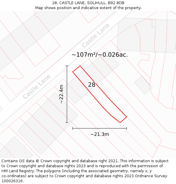 28, CASTLE LANE, SOLIHULL, B92 8DB: Plot and title map