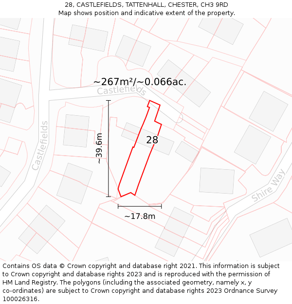 28, CASTLEFIELDS, TATTENHALL, CHESTER, CH3 9RD: Plot and title map