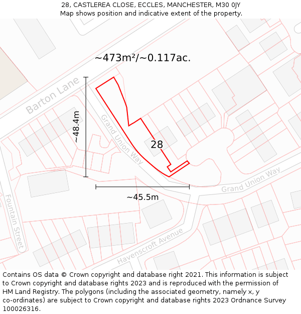 28, CASTLEREA CLOSE, ECCLES, MANCHESTER, M30 0JY: Plot and title map