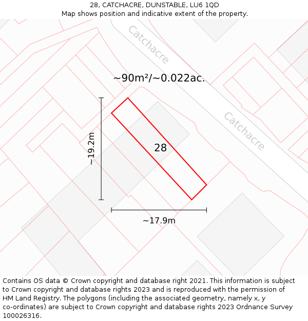 28, CATCHACRE, DUNSTABLE, LU6 1QD: Plot and title map