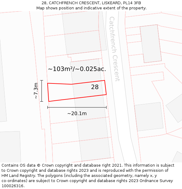 28, CATCHFRENCH CRESCENT, LISKEARD, PL14 3FB: Plot and title map