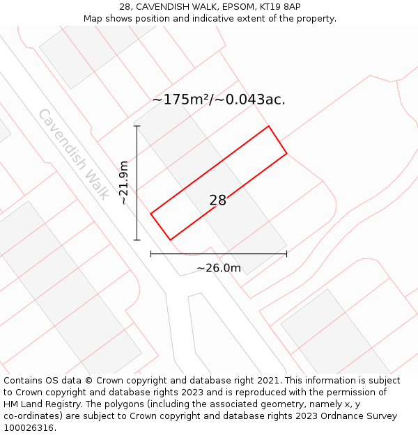 28, CAVENDISH WALK, EPSOM, KT19 8AP: Plot and title map