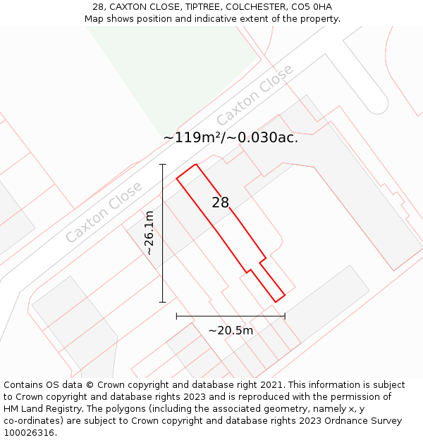 28, CAXTON CLOSE, TIPTREE, COLCHESTER, CO5 0HA: Plot and title map