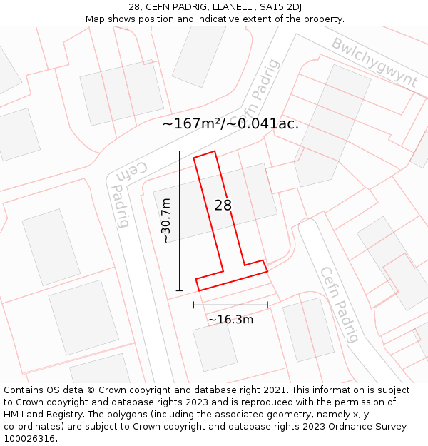 28, CEFN PADRIG, LLANELLI, SA15 2DJ: Plot and title map