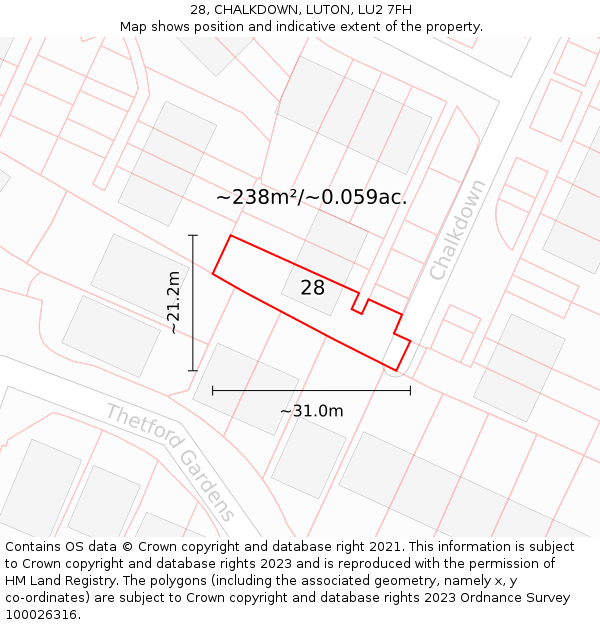 28, CHALKDOWN, LUTON, LU2 7FH: Plot and title map