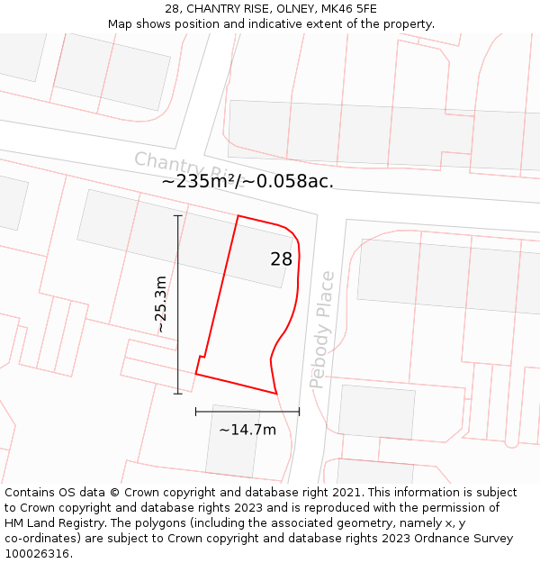 28, CHANTRY RISE, OLNEY, MK46 5FE: Plot and title map