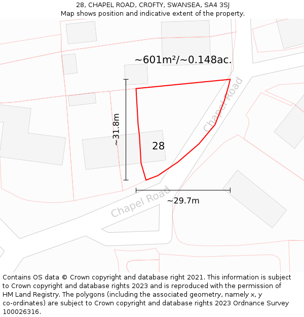 28, CHAPEL ROAD, CROFTY, SWANSEA, SA4 3SJ: Plot and title map