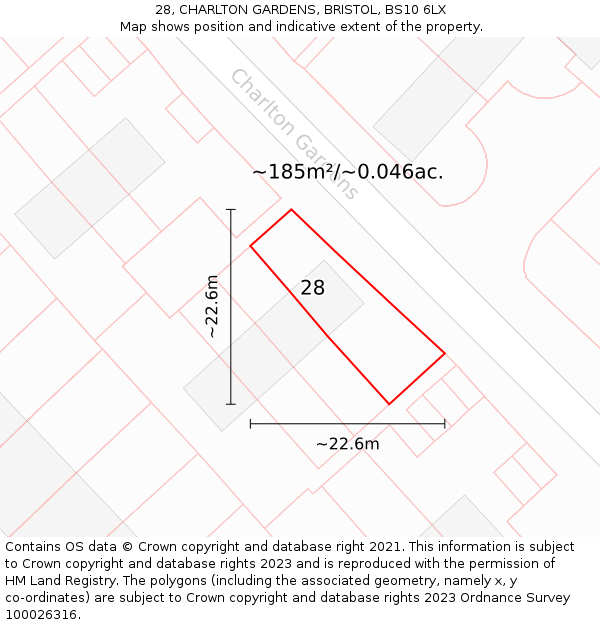 28, CHARLTON GARDENS, BRISTOL, BS10 6LX: Plot and title map