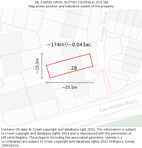 28, CHATER DRIVE, SUTTON COLDFIELD, B76 2BJ: Plot and title map