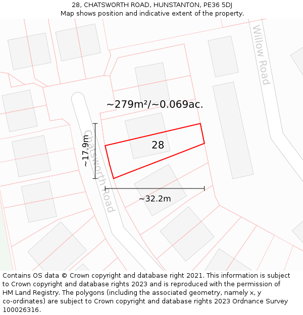 28, CHATSWORTH ROAD, HUNSTANTON, PE36 5DJ: Plot and title map